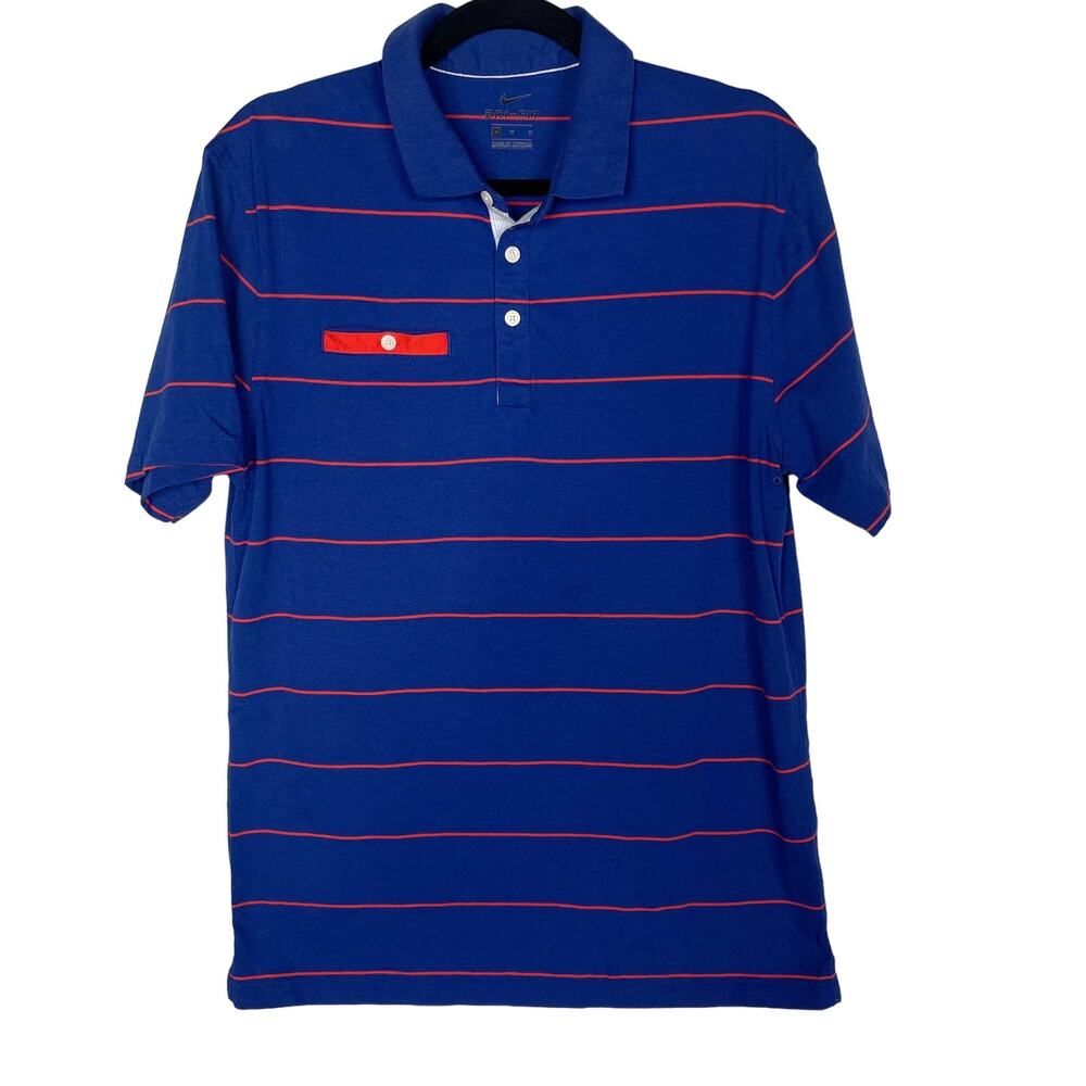 Nike Mens Medium M Blue Orange Dry Golf Player Striped Polo Shirt Short Sleeve